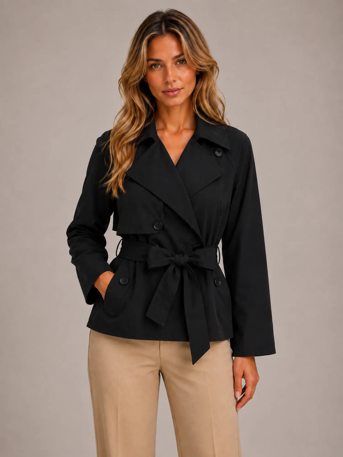 Women's Cropped Trench Jacket – Double-Breasted Tie Waist in Black – Main view