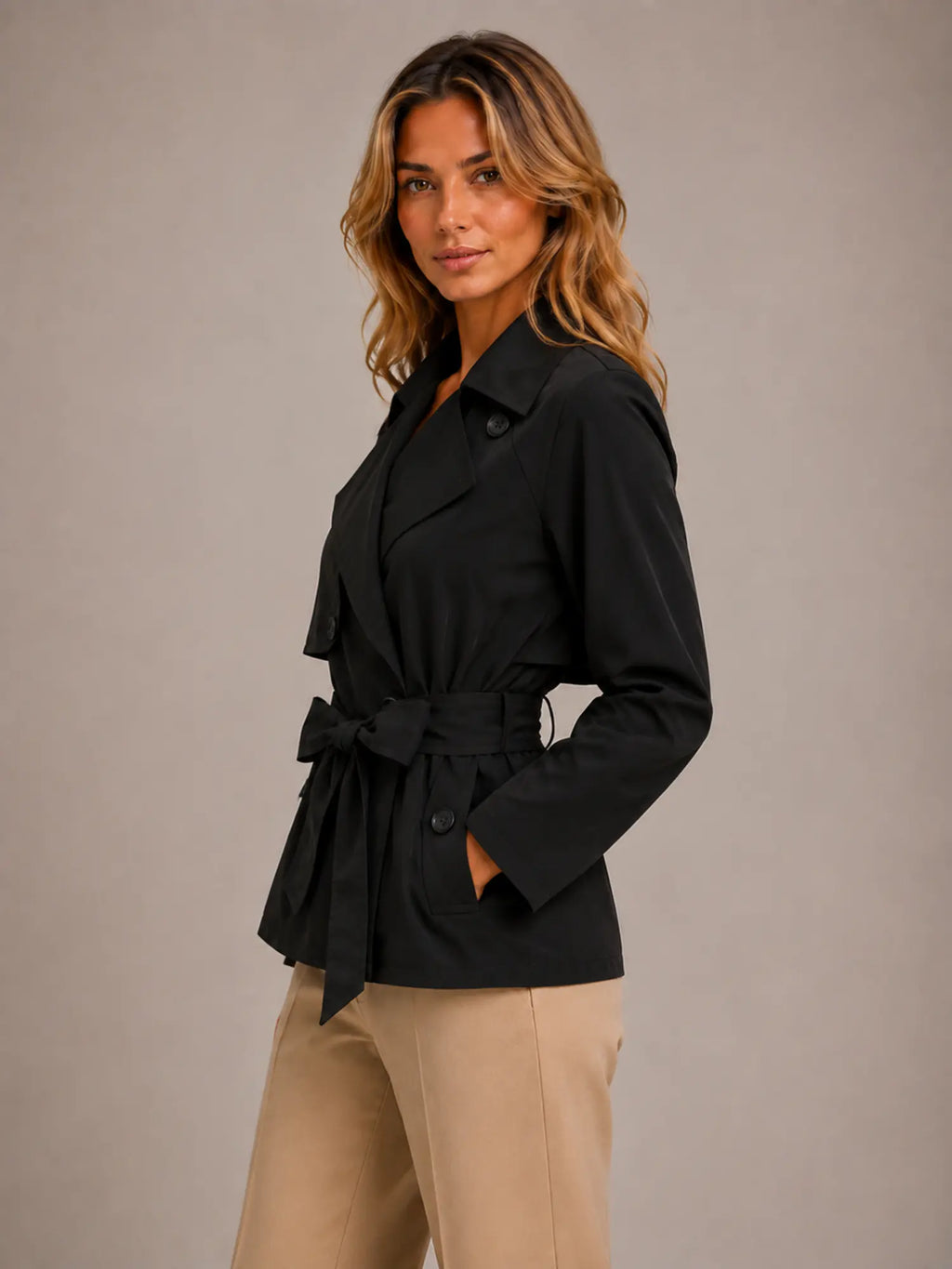 Women's Cropped Trench Jacket – Double-Breasted Tie Waist in Black – Side view