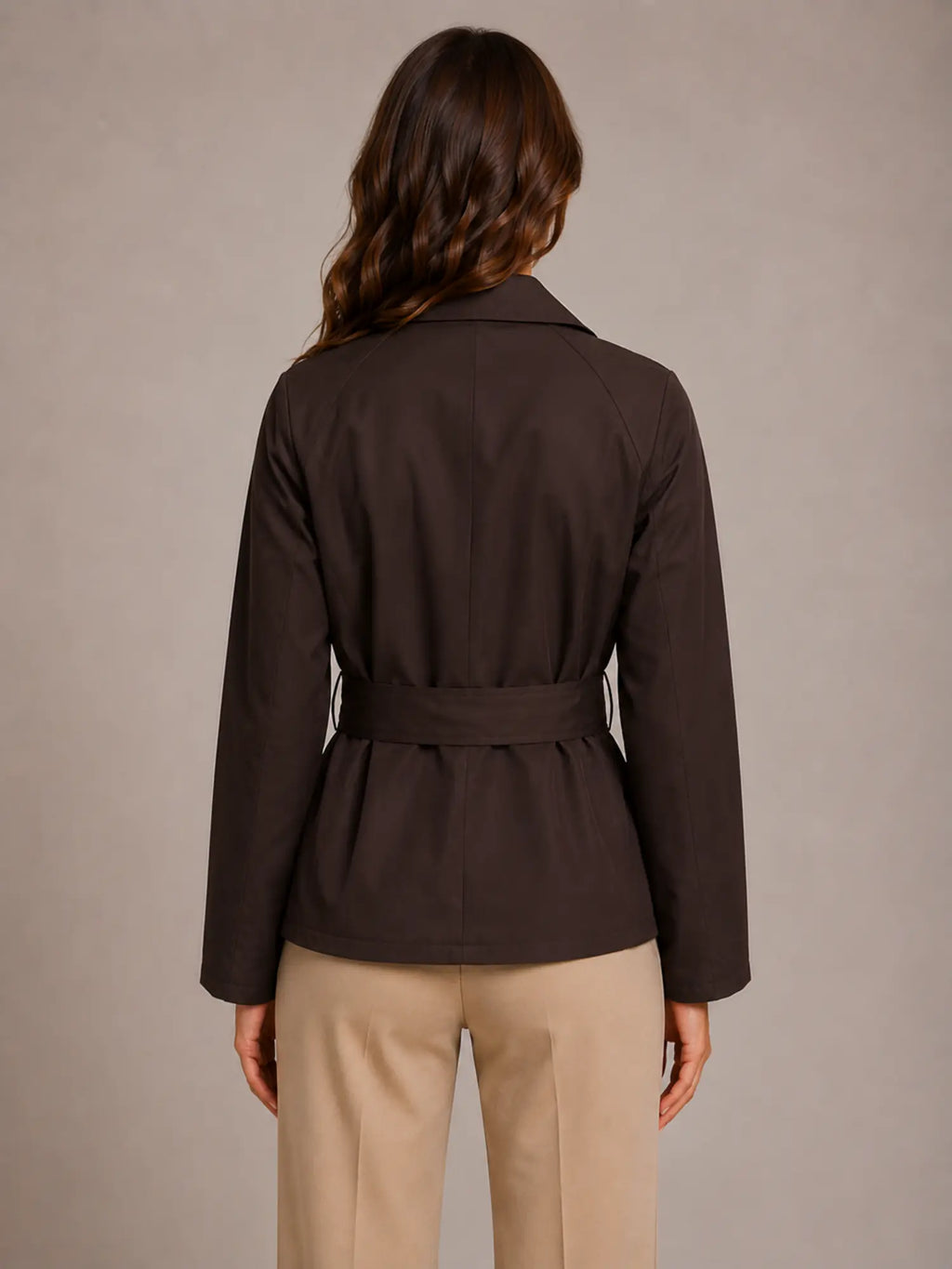 Women's Cropped Trench Jacket – Double-Breasted Tie Waist in Brown – Back view