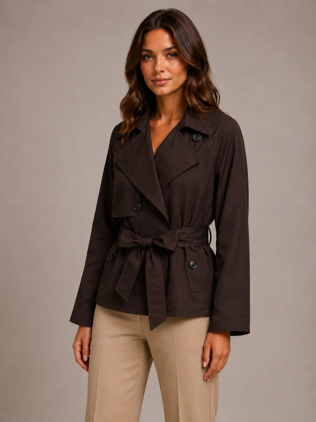 Women's Cropped Trench Jacket – Double-Breasted Tie Waist in Brown – Hover view