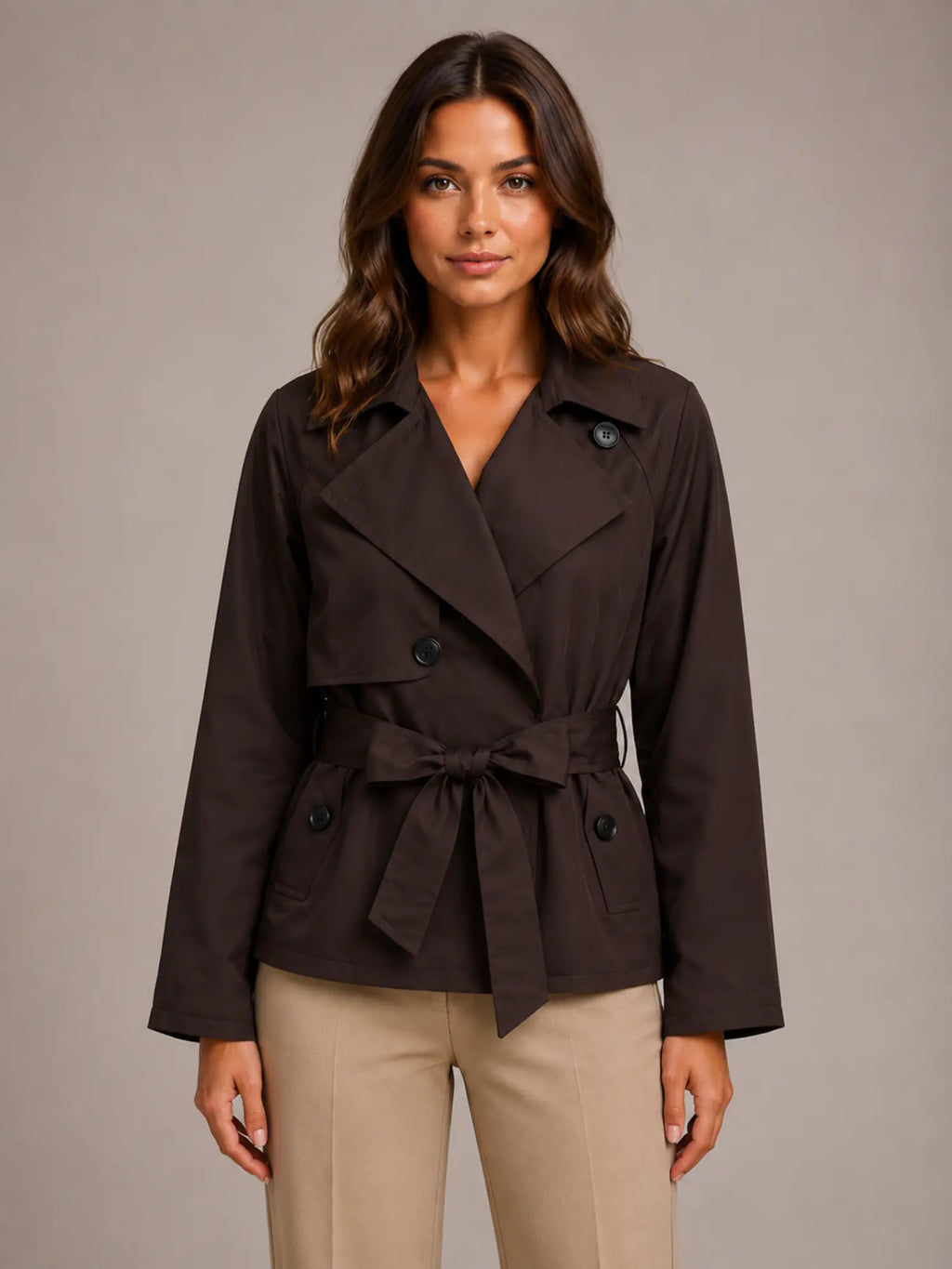 Women's Cropped Trench Jacket – Double-Breasted Tie Waist in Brown – Main view