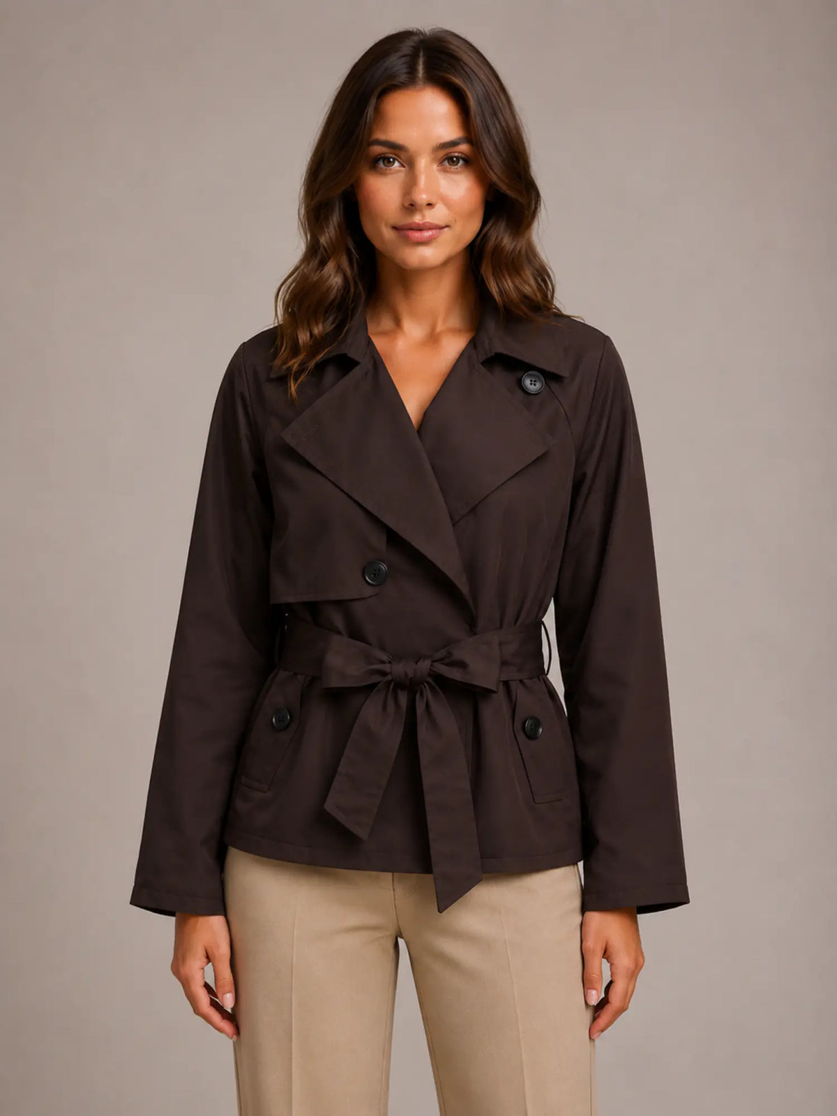 Women's Cropped Trench Jacket – Double-Breasted Tie Waist in Brown – Main view