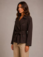 Women's Cropped Trench Jacket – Double-Breasted Tie Waist in Brown – Side view