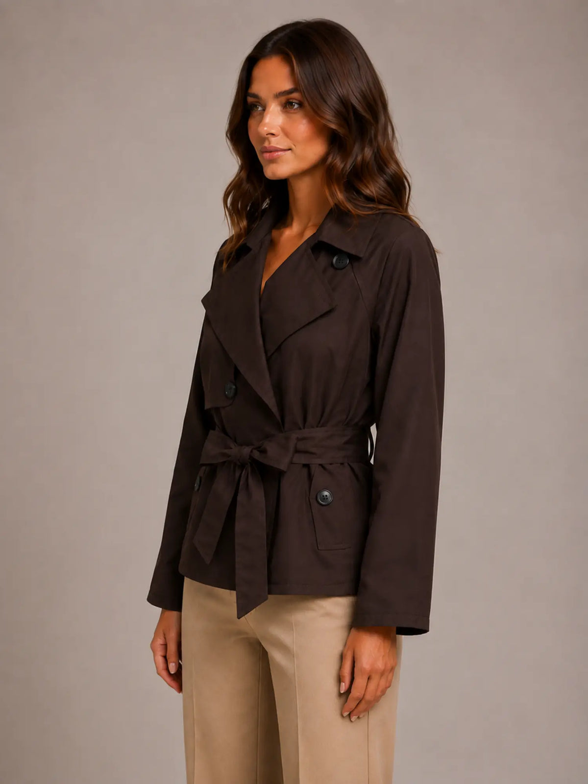 Women's Cropped Trench Jacket – Double-Breasted Tie Waist in Brown – Side view