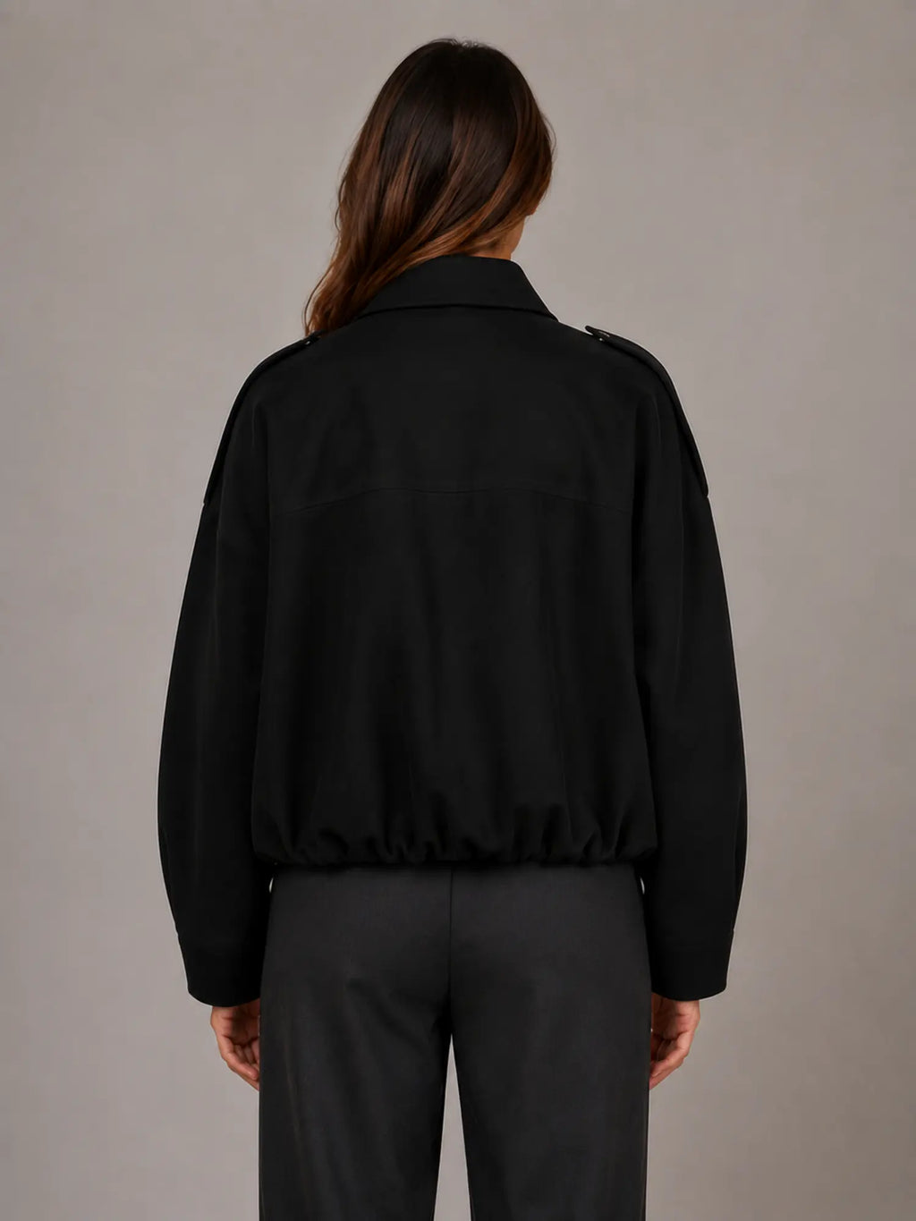 Women's Suede-Look Bomber Jacket – Oversized Collared in Black – Back view