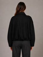 Women's Suede-Look Bomber Jacket – Oversized Collared in Black – Back view