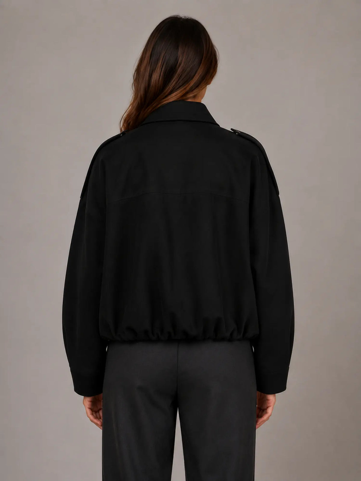Women's Suede-Look Bomber Jacket – Oversized Collared in Black – Back view