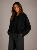 Women's Suede-Look Bomber Jacket – Oversized Collared in Black – Hover view
