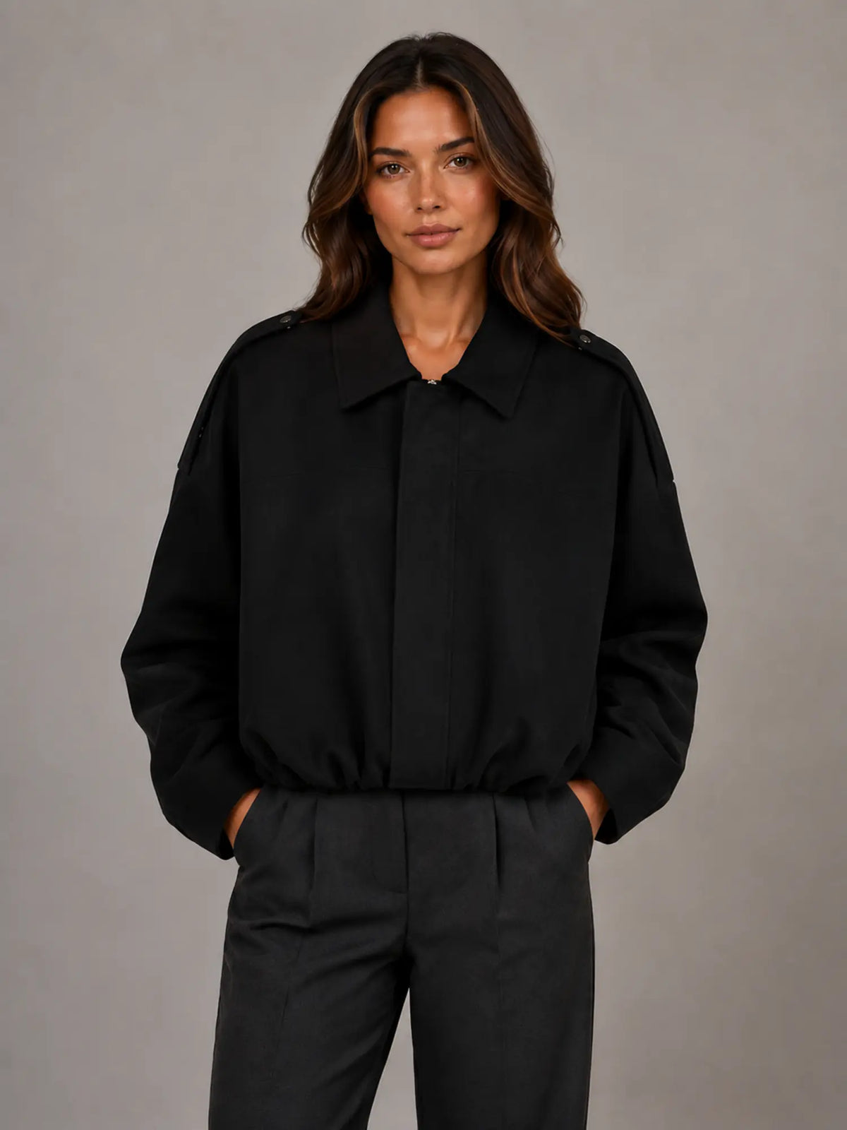 Women's Suede-Look Bomber Jacket – Oversized Collared in Black – Main view