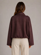 Women's Suede-Look Bomber Jacket – Oversized Collared in Burgundy – Back view