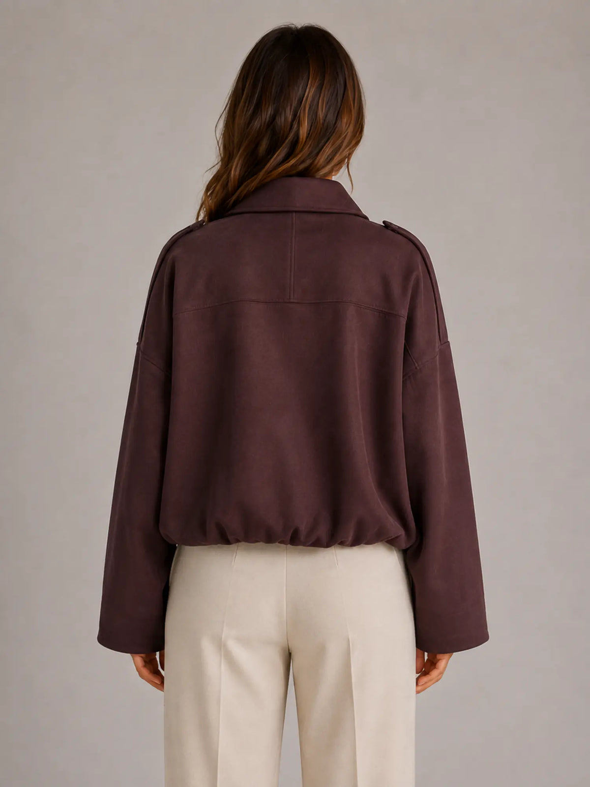 Women's Suede-Look Bomber Jacket – Oversized Collared in Burgundy – Back view