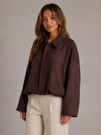 Women's Suede-Look Bomber Jacket – Oversized Collared in Burgundy – Hover view