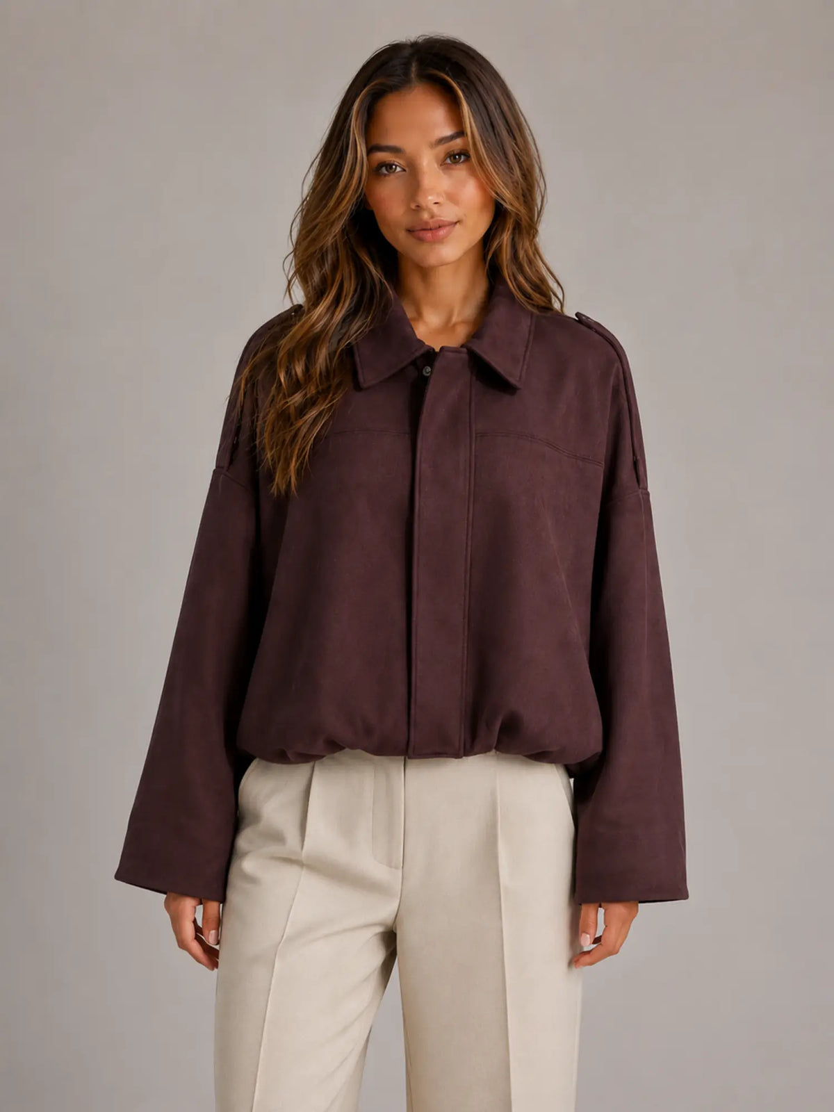 Women's Suede-Look Bomber Jacket – Oversized Collared in Burgundy – Main view