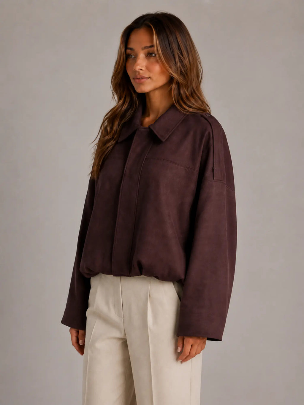 Women's Suede-Look Bomber Jacket – Oversized Collared in Burgundy – Side view