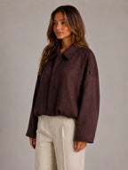 Women's Suede-Look Bomber Jacket – Oversized Collared in Burgundy – Side view