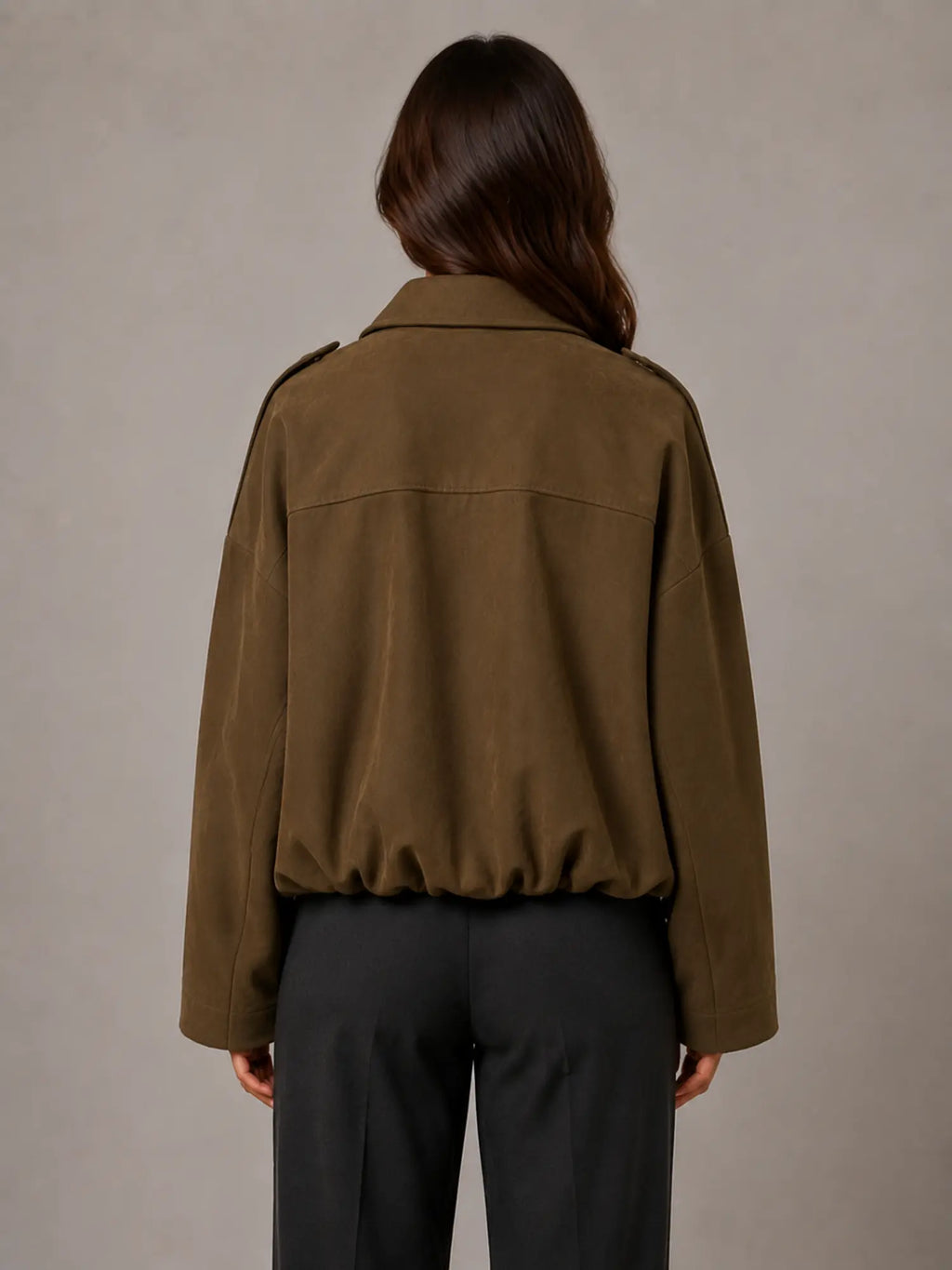 Women's Suede-Look Bomber Jacket – Oversized Collared in Mocha – Back view