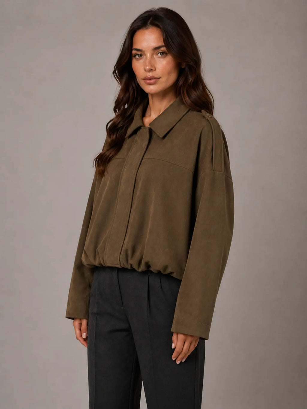 Women's Suede-Look Bomber Jacket – Oversized Collared in Mocha – Hover view
