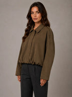 Women's Suede-Look Bomber Jacket – Oversized Collared in Mocha – Hover view