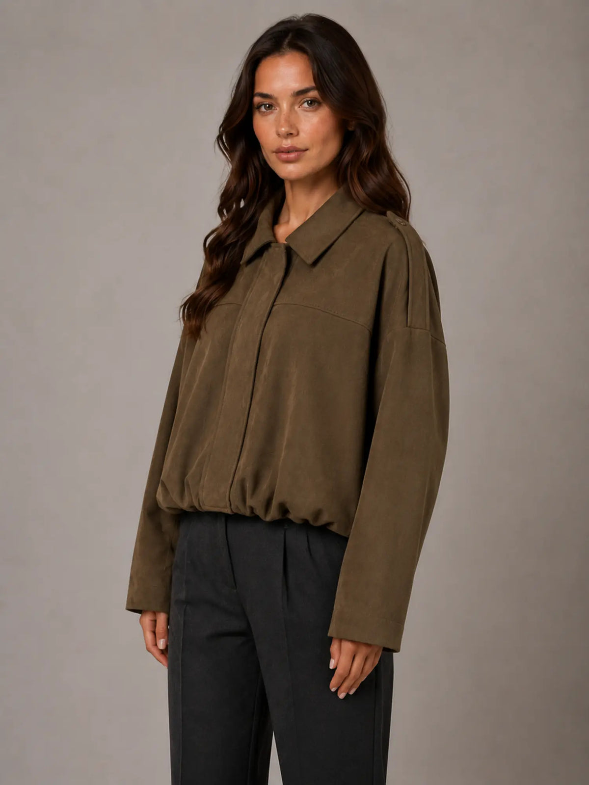 Women's Suede-Look Bomber Jacket – Oversized Collared in Mocha – Hover view