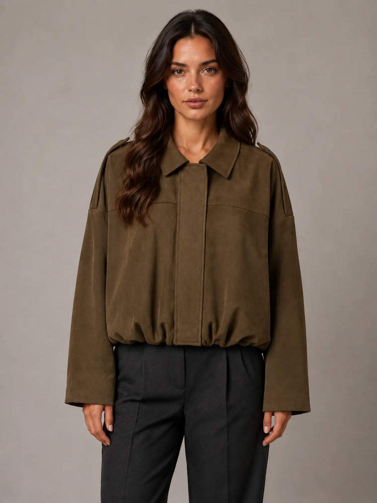 Women's Suede-Look Bomber Jacket – Oversized Collared in Mocha – Main view