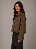 Women's Suede-Look Bomber Jacket – Oversized Collared in Mocha – Side view
