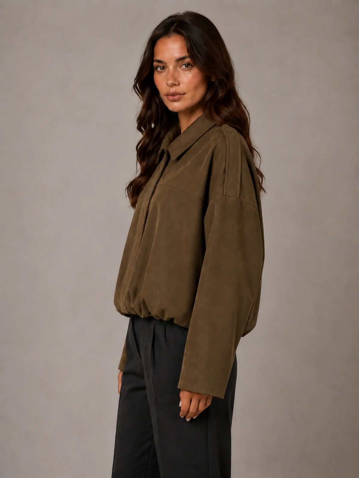 Women's Suede-Look Bomber Jacket – Oversized Collared in Mocha – Side view
