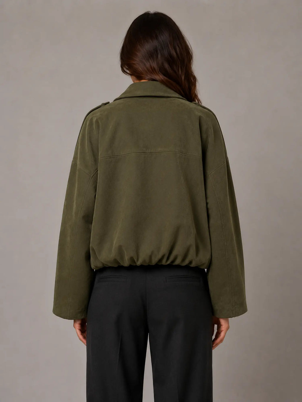 Women's Suede-Look Bomber Jacket – Oversized Collared in Olive Green – Back view