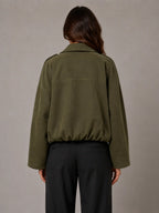 Women's Suede-Look Bomber Jacket – Oversized Collared in Olive Green – Back view