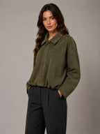 Women's Suede-Look Bomber Jacket – Oversized Collared in Olive Green – Hover view