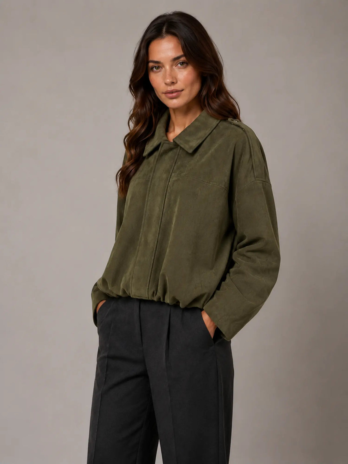 Women's Suede-Look Bomber Jacket – Oversized Collared in Olive Green – Hover view