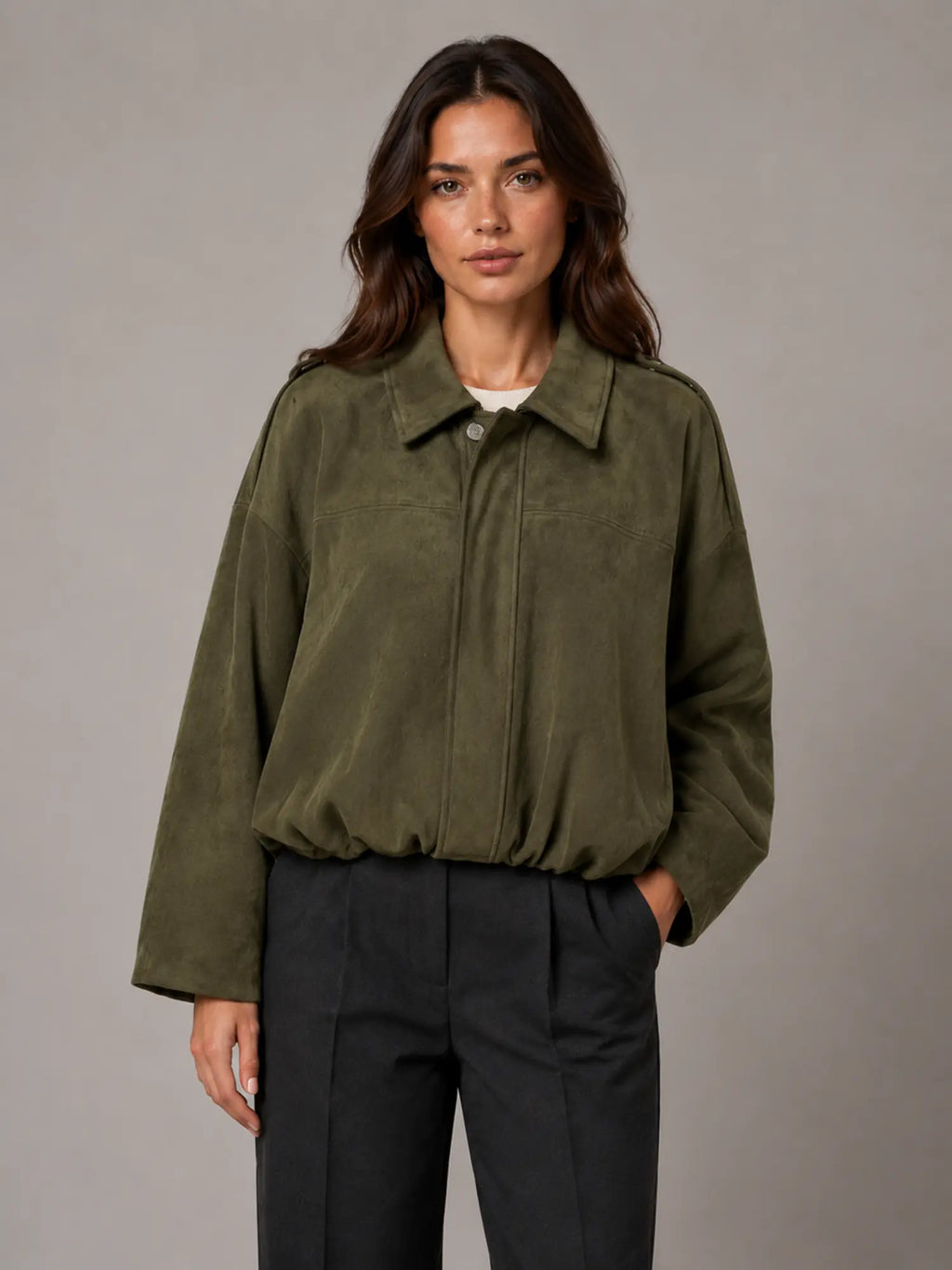 Women's Suede-Look Bomber Jacket – Oversized Collared in Olive Green – Main view