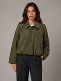 Women's Suede-Look Bomber Jacket – Oversized Collared in Olive Green – Main view