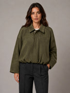 Women's Suede-Look Bomber Jacket – Oversized Collared in Olive Green – Main view