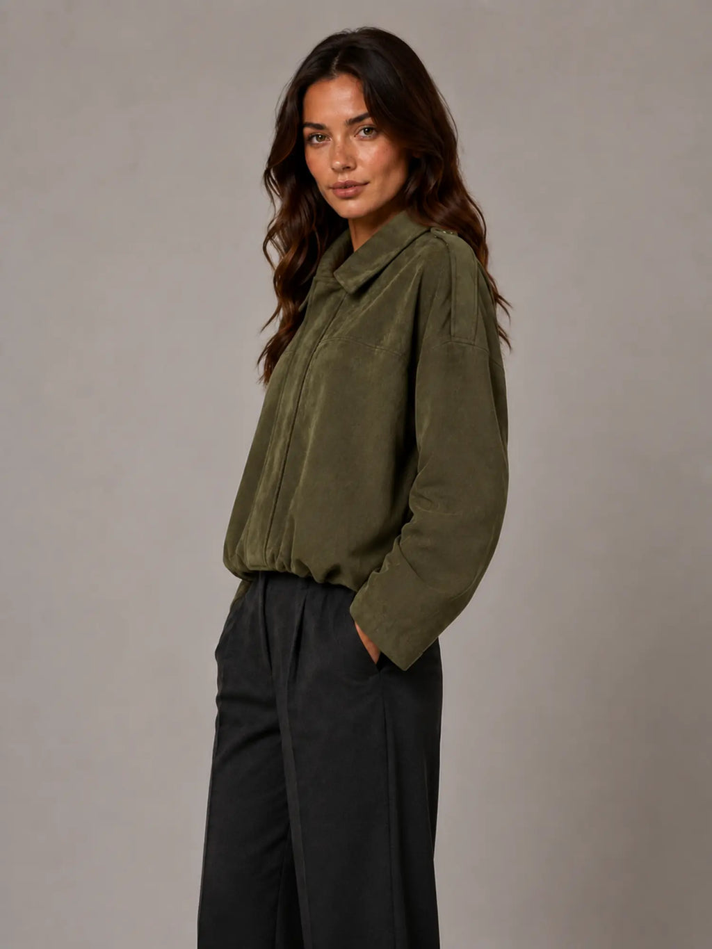 Women's Suede-Look Bomber Jacket – Oversized Collared in Olive Green – Side view