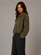 Women's Suede-Look Bomber Jacket – Oversized Collared in Olive Green – Side view