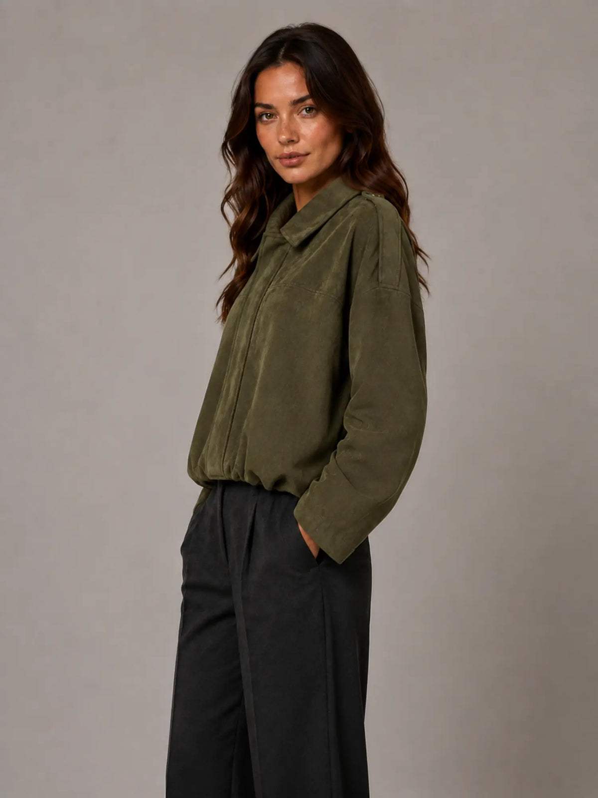 Women's Suede-Look Bomber Jacket – Oversized Collared in Olive Green – Side view