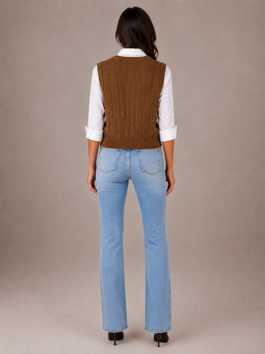 Women's Cable Knit Sweater Vest – Sleeveless V-Neck in Coffee – Back view