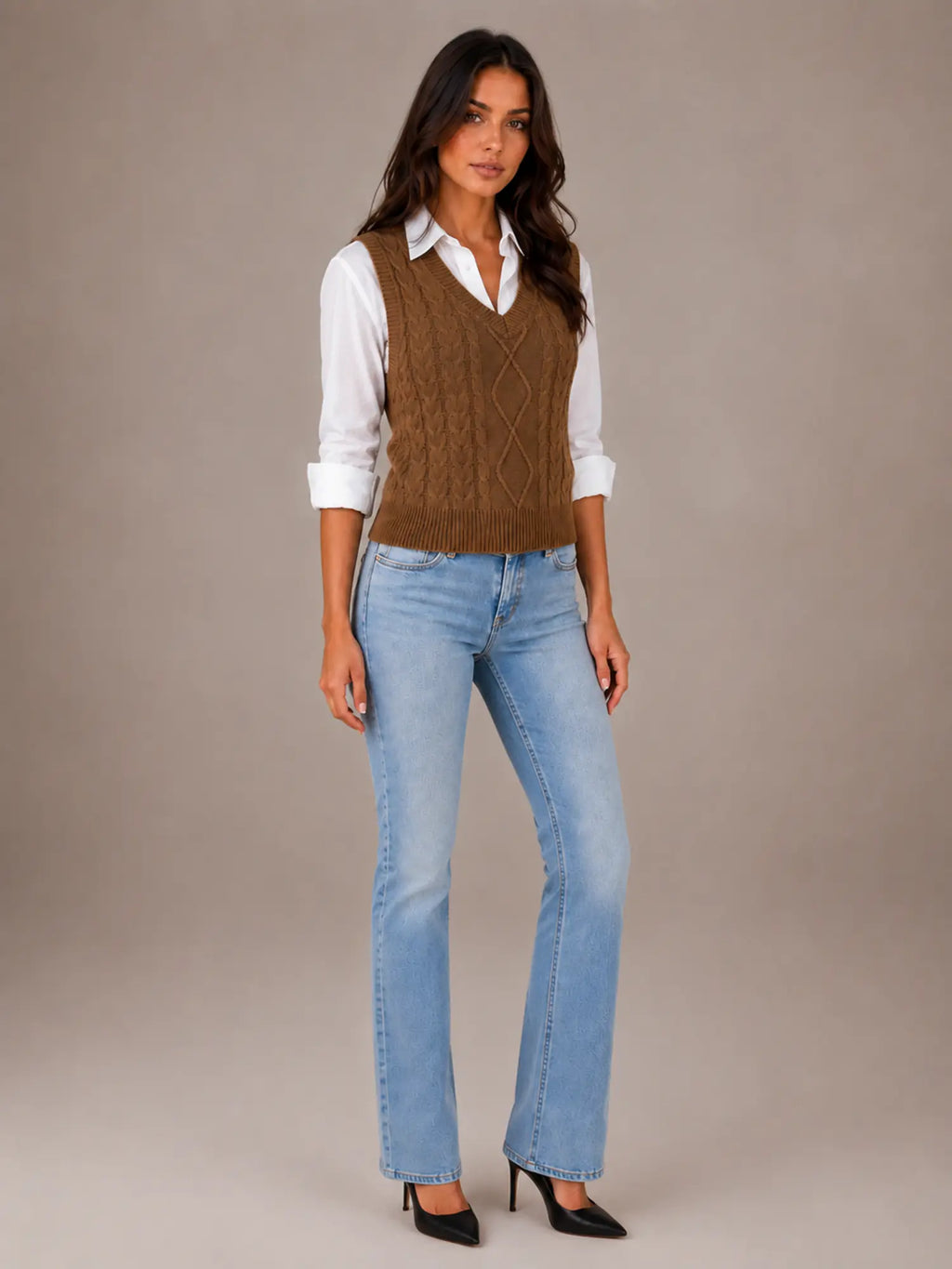 Women's Cable Knit Sweater Vest – Sleeveless V-Neck in Coffee – Hover view