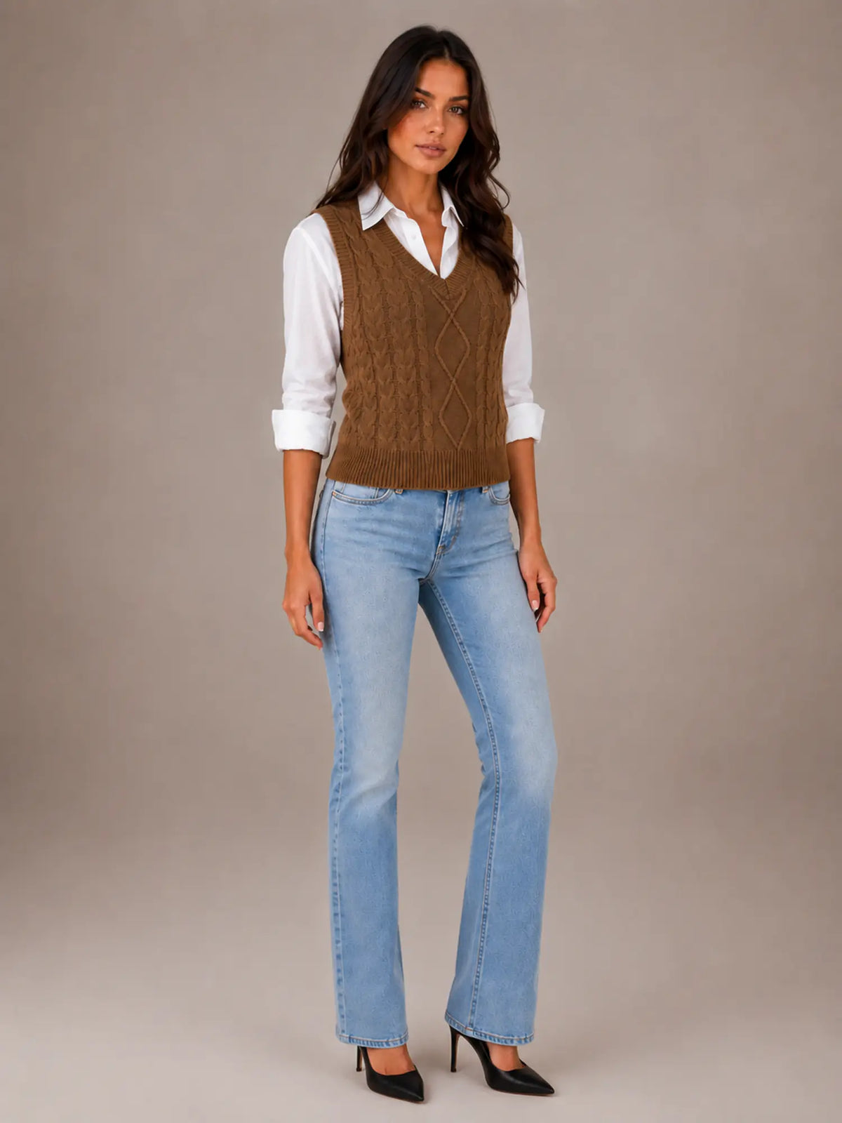Women's Cable Knit Sweater Vest – Sleeveless V-Neck in Coffee – Hover view