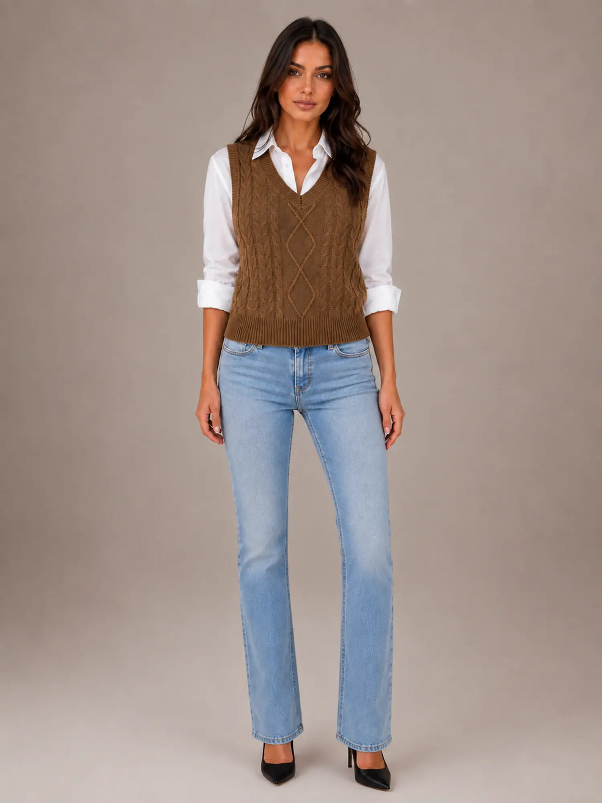 Women's Cable Knit Sweater Vest – Sleeveless V-Neck in Coffee – Main view