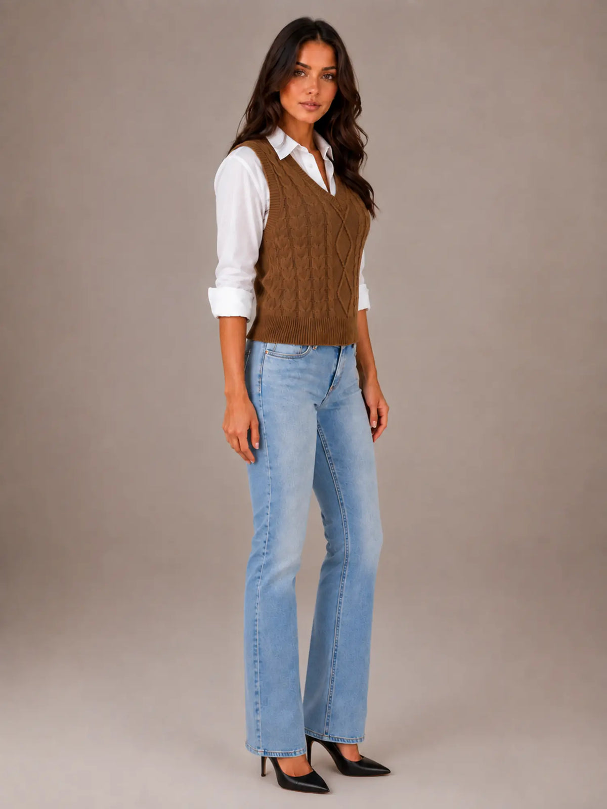 Women's Cable Knit Sweater Vest – Sleeveless V-Neck in Coffee – Side view