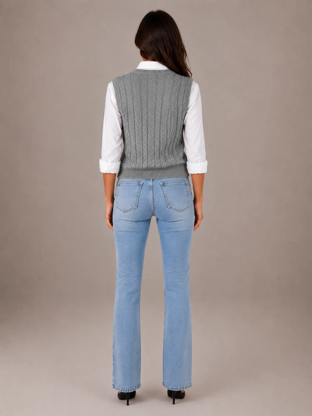 Women's Cable Knit Sweater Vest – Sleeveless V-Neck in Grey – Back view