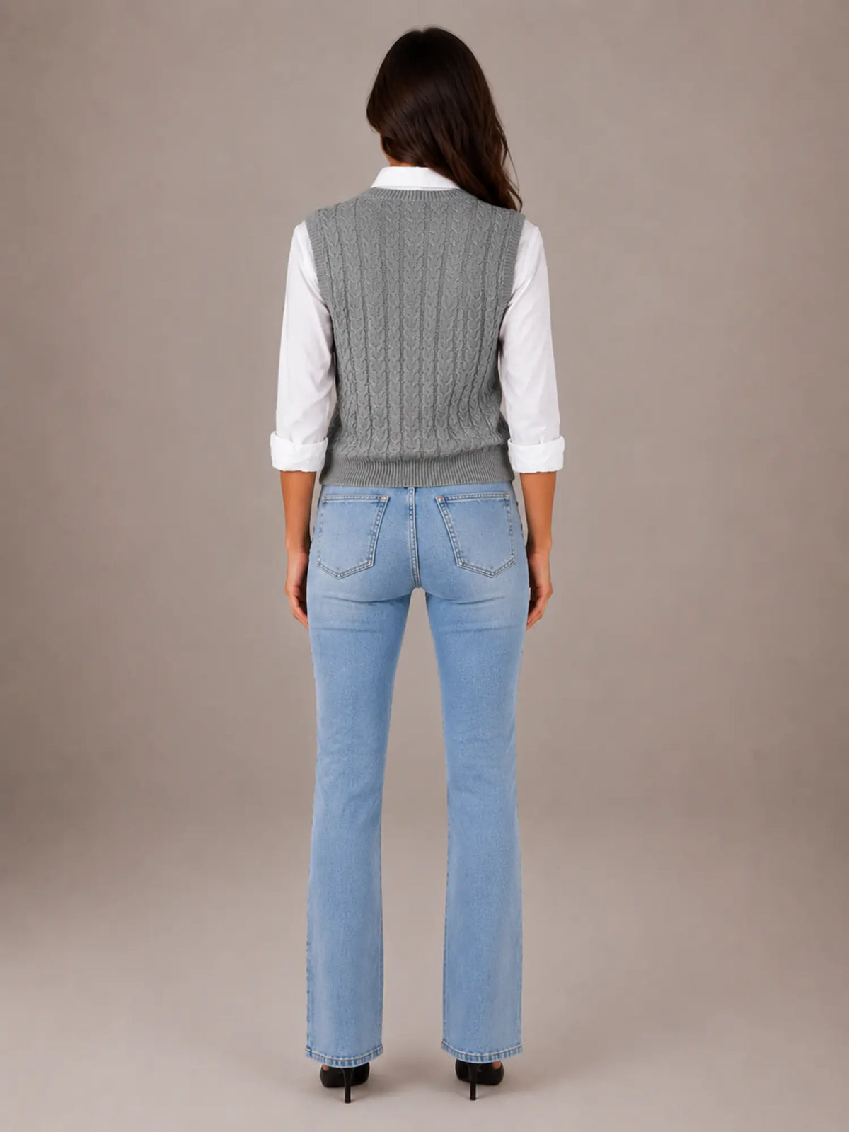 Women's Cable Knit Sweater Vest – Sleeveless V-Neck in Grey – Back view