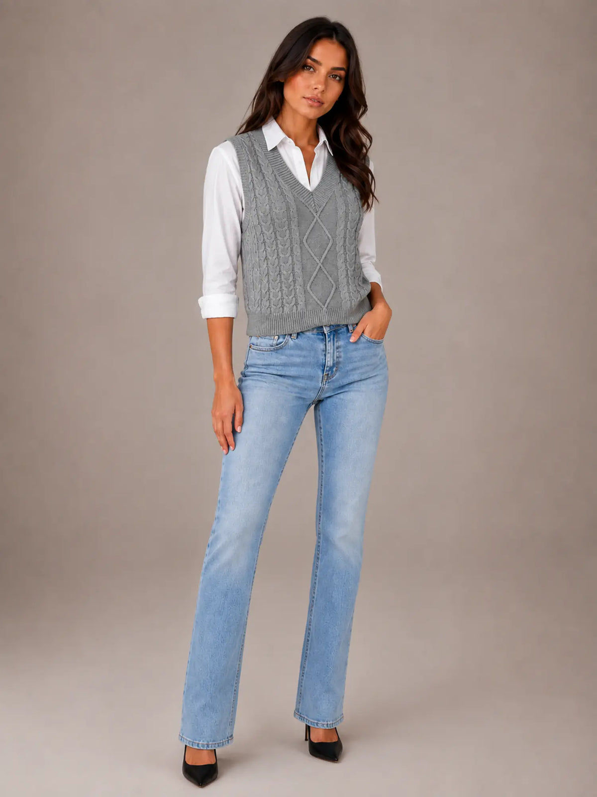 Women's Cable Knit Sweater Vest – Sleeveless V-Neck in Grey – Hover view