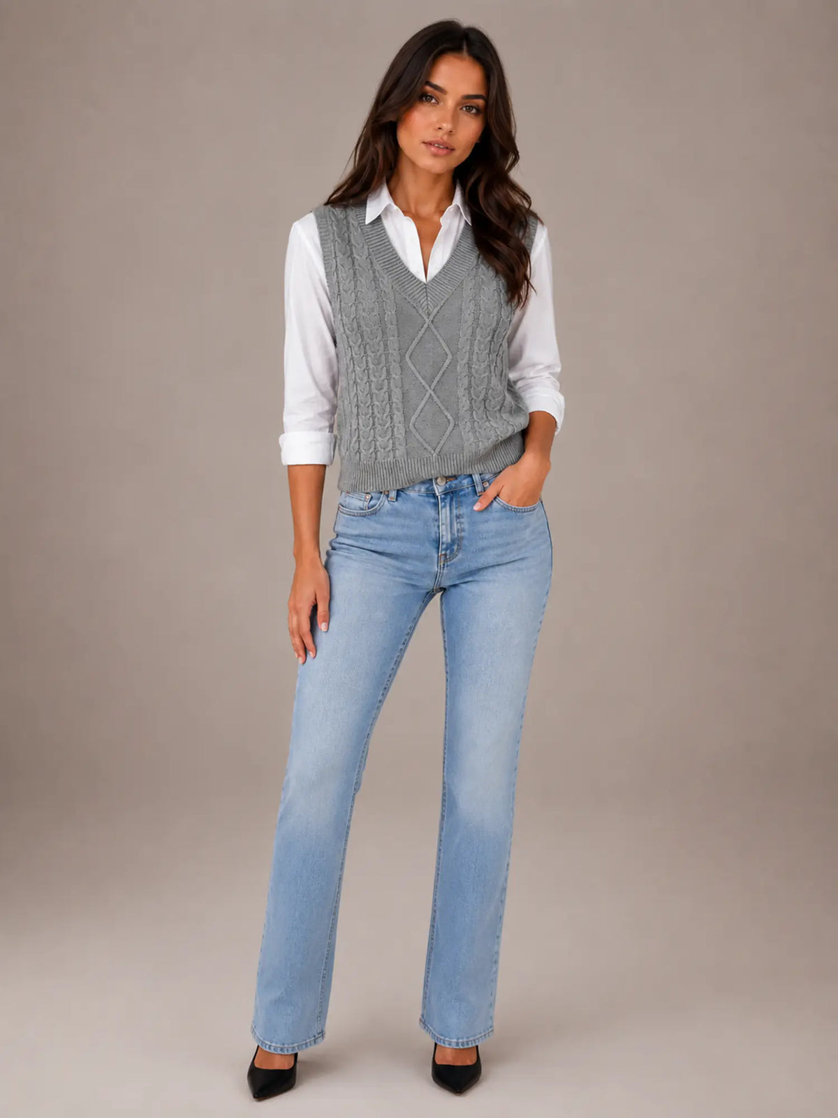 Women's Cable Knit Sweater Vest – Sleeveless V-Neck in Grey – Main view