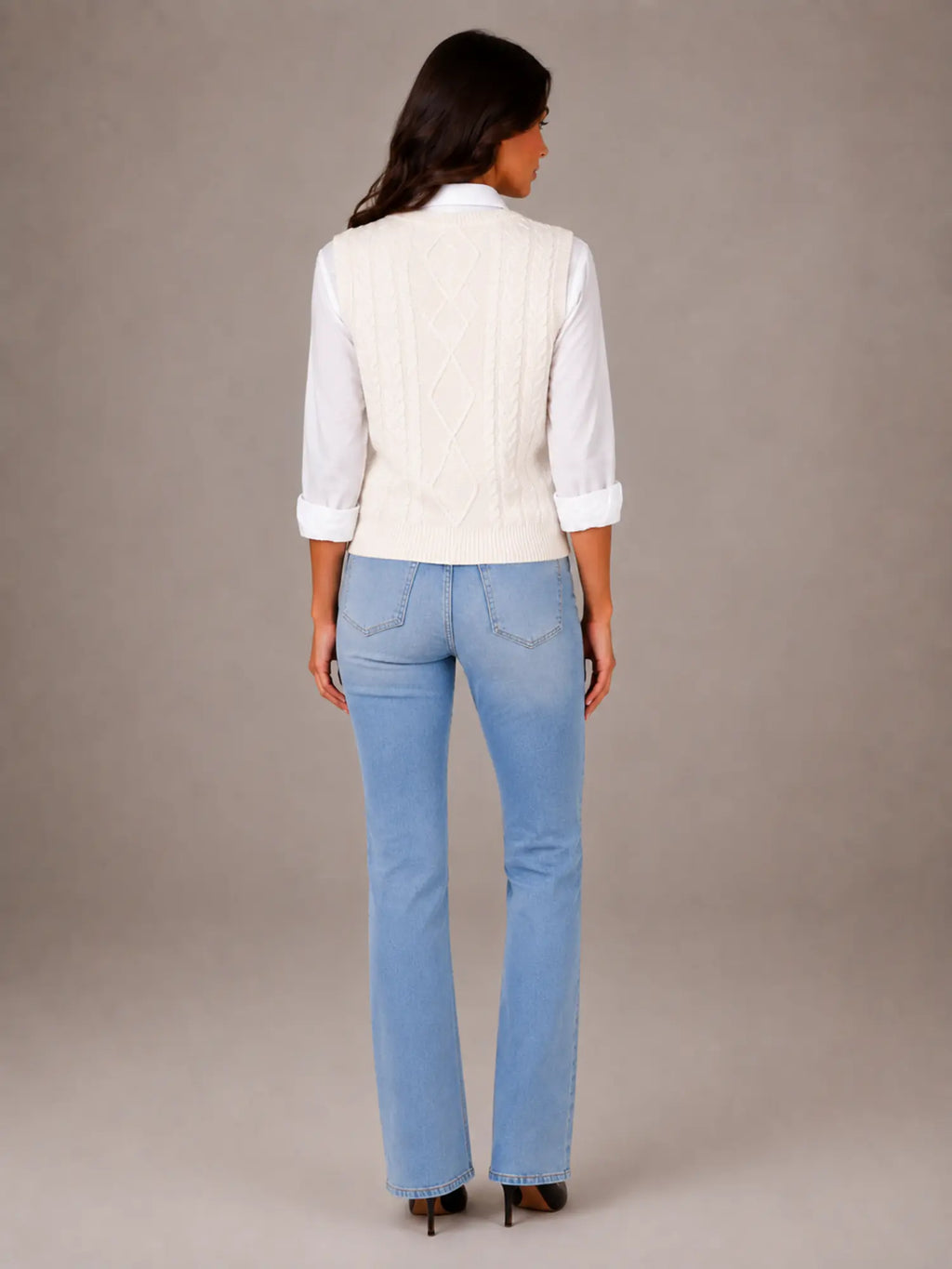 Women's Cable Knit Sweater Vest – Sleeveless V-Neck in Ivory – Back view