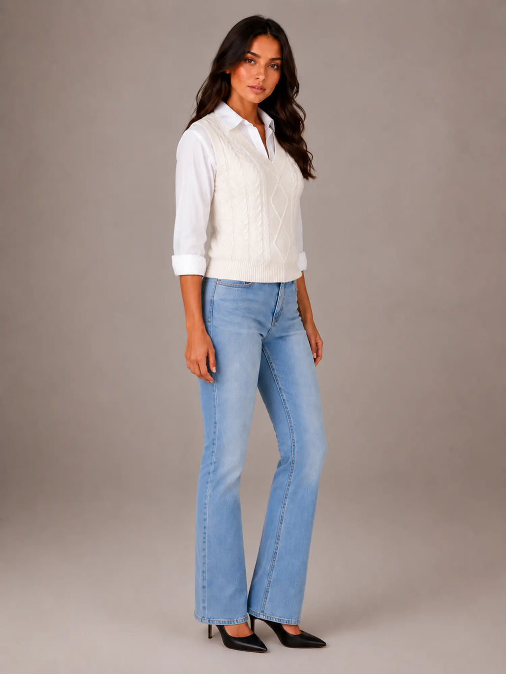 Women's Cable Knit Sweater Vest – Sleeveless V-Neck in Ivory – Side view