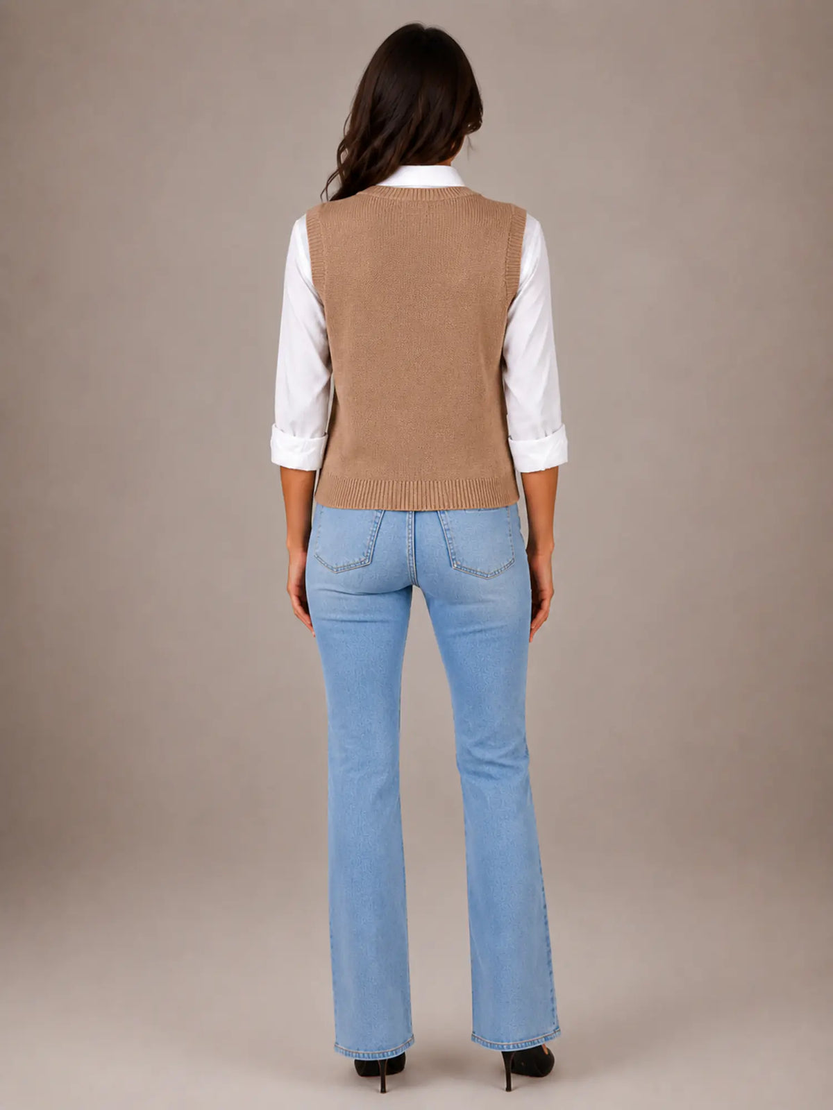 Women's Cable Knit Sweater Vest – Sleeveless V-Neck in Khaki – Back view