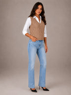 Women's Cable Knit Sweater Vest – Sleeveless V-Neck in Khaki – Hover view