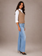 Women's Cable Knit Sweater Vest – Sleeveless V-Neck in Khaki – Side view